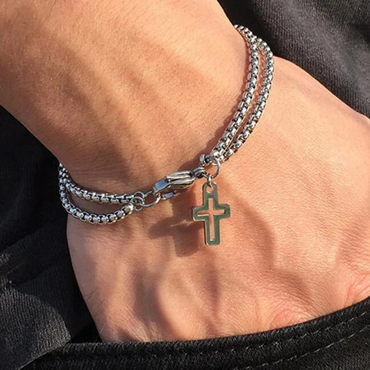 Men's Double Chain Cross Hollow Bracelet