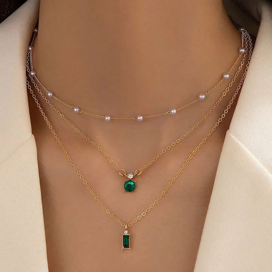 Elegant Retro Green Pearl Multi-Layer Necklace